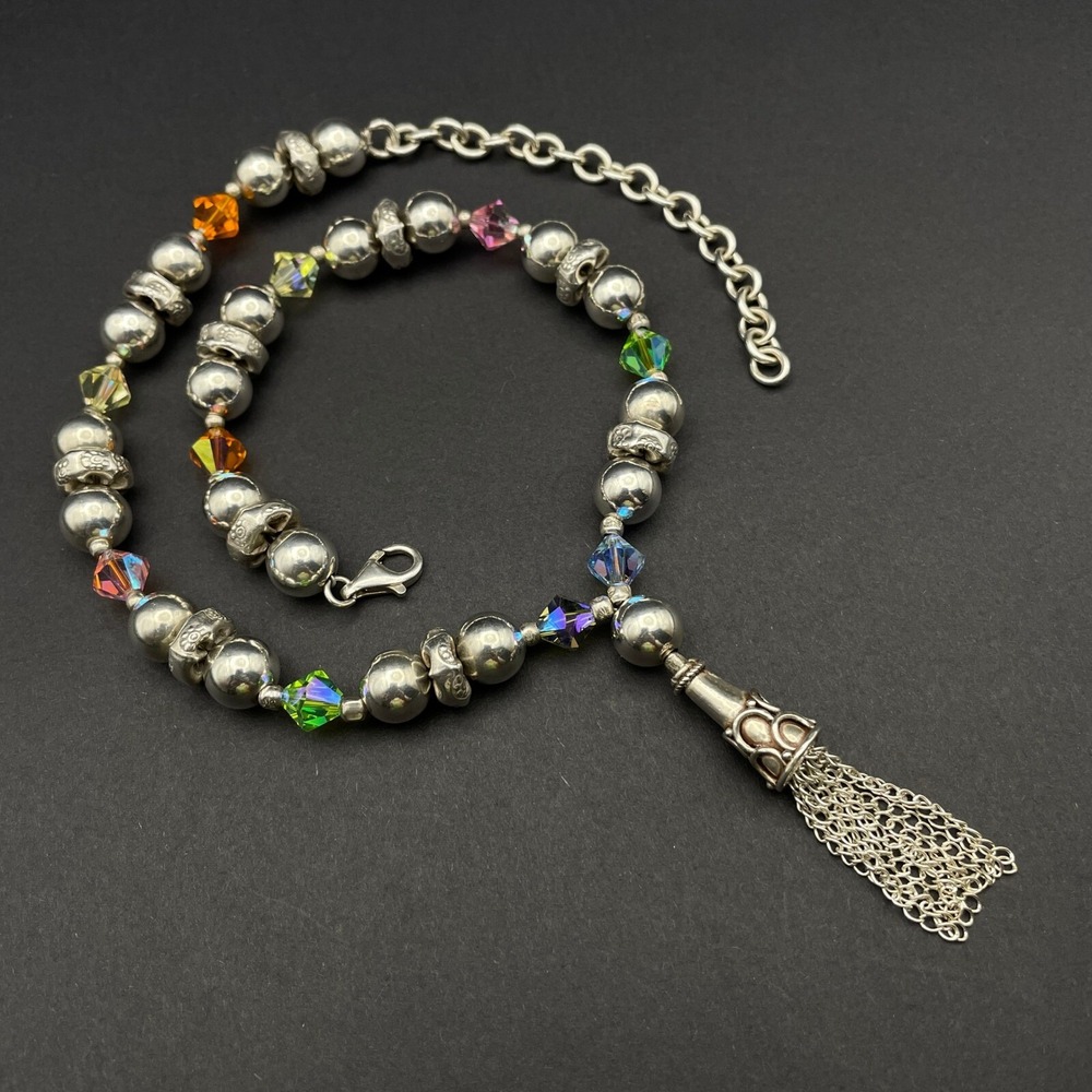 Sterling Silver Beaded AB Rainbow Crystal Necklace Tassel Y‎ Drop Navajo Pearl